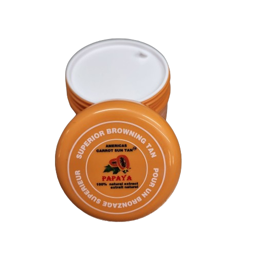 A container of Americas Carrot Sun Tan Papaya cream with a white lid and orange label, featuring product information and branding.