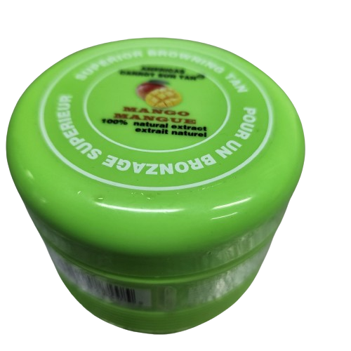 A container of Americas Carrot Sun Tan tanning cream with a green lid.