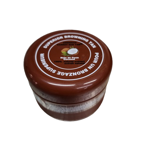 A container of Americas coconut Sun Tan tanning cream with a brown lid, featuring product information on the label.
