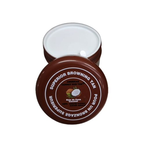 A container of Americas coconut Sun Tan tanning cream with a brown lid, featuring product information on the label.