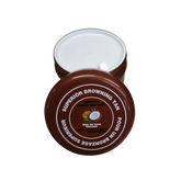 A container of Americas coconut Sun Tan tanning cream with a brown lid, featuring product information on the label.