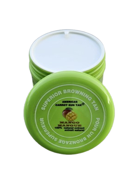 A container of Americas Carrot Sun Tan tanning cream with a green lid, featuring product information on the label.